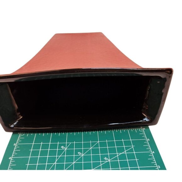 Red Textured Ceramic Vase With Glossy Black Interior Rectangular Flared Design 1 - Picture 4 of 16